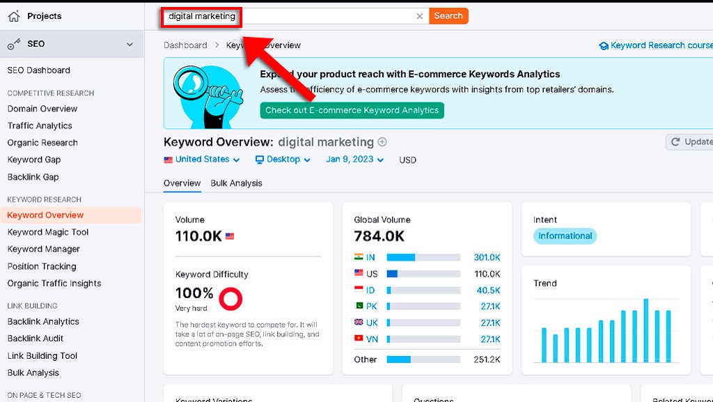Input Your Seed Keywords in the Search Box semrush
